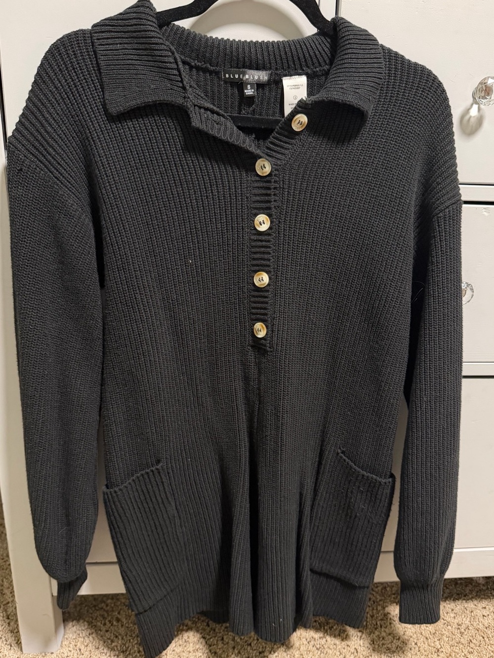 Women's Charcoal Button-Front Knit Sweater- Romper with Collar